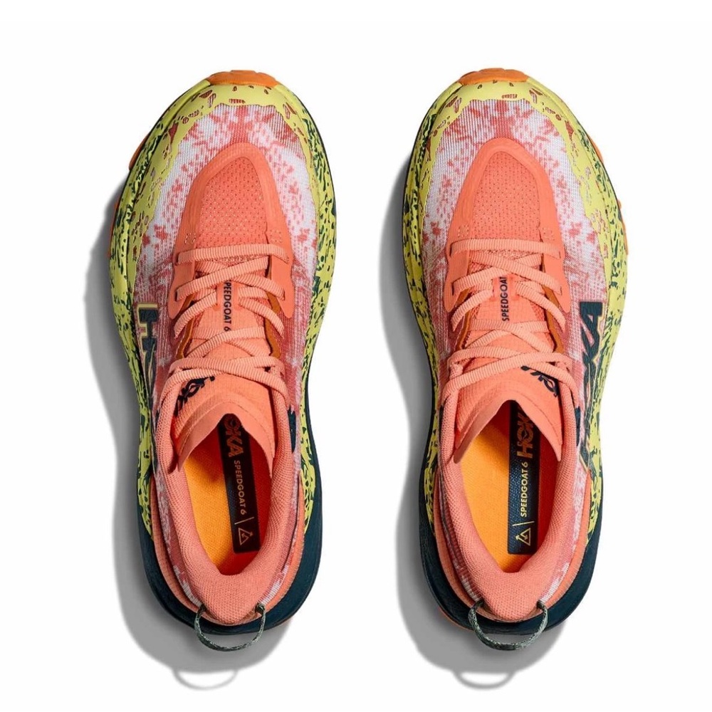 Hoka Women's Trail Runner in Coral and Yellow with Navy Accents - Picture 2 of 11